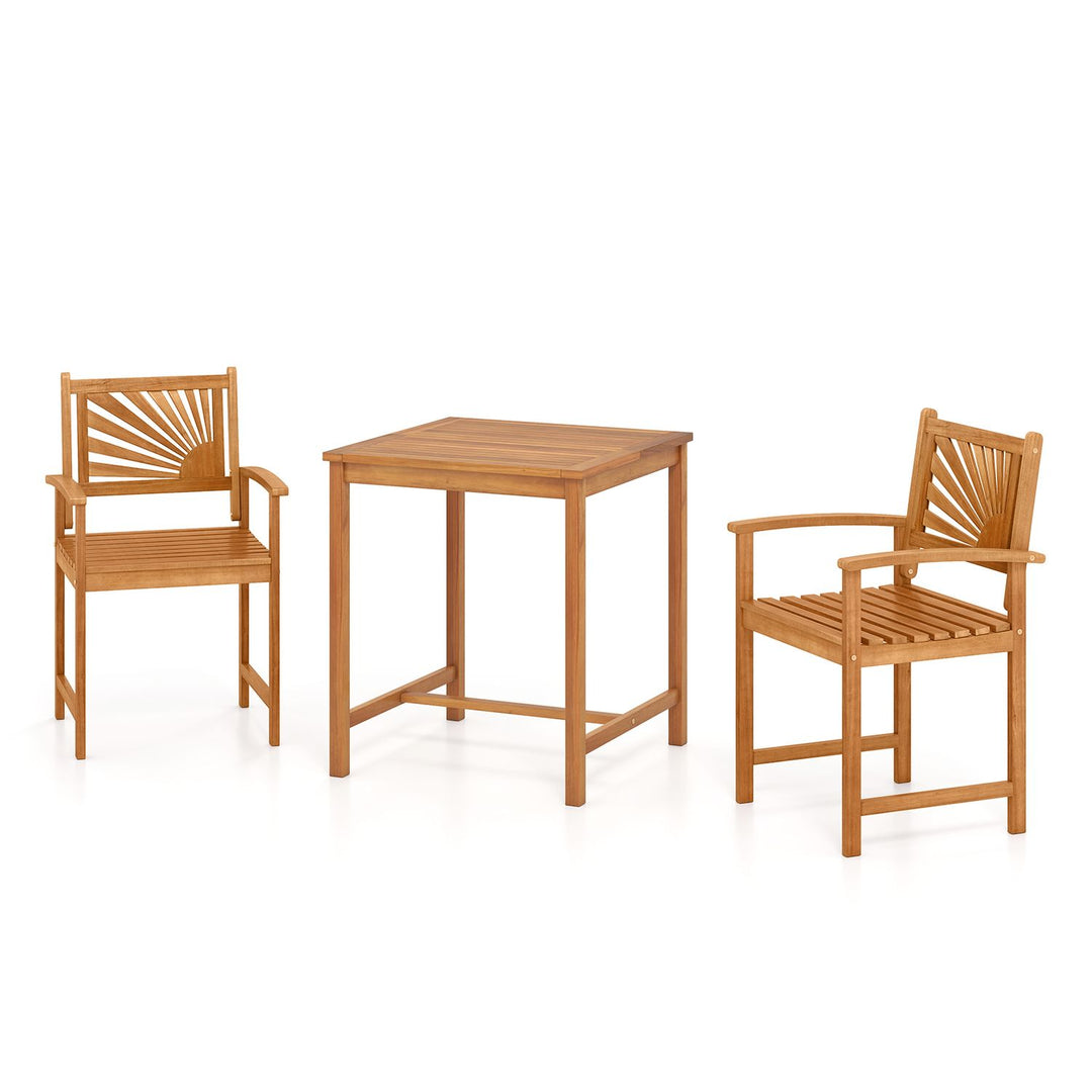 3-Piece Acacia Wood Patio Dining Set with Slatted Surface and Hollow Back