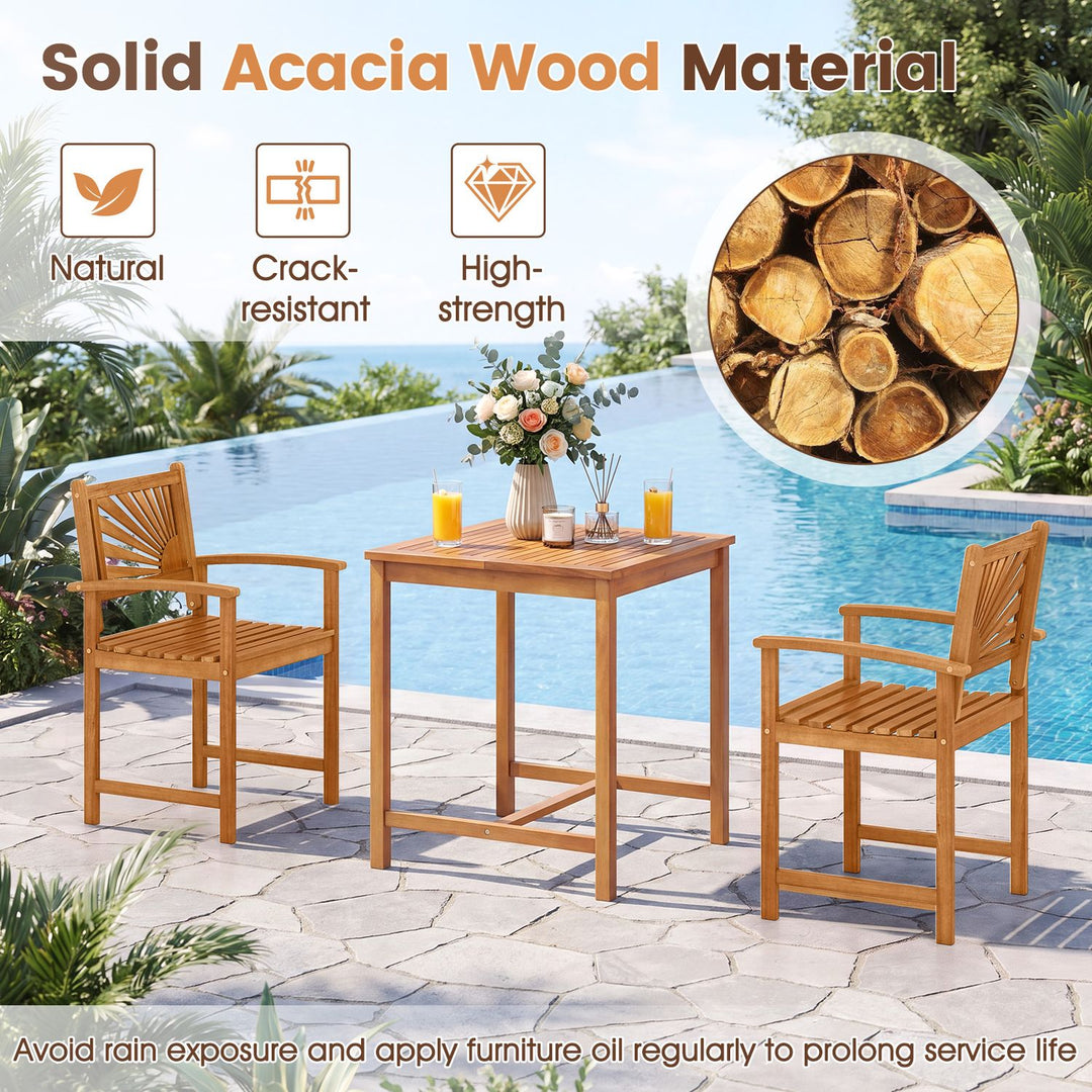 3-Piece Acacia Wood Patio Dining Set with Slatted Surface and Hollow Back