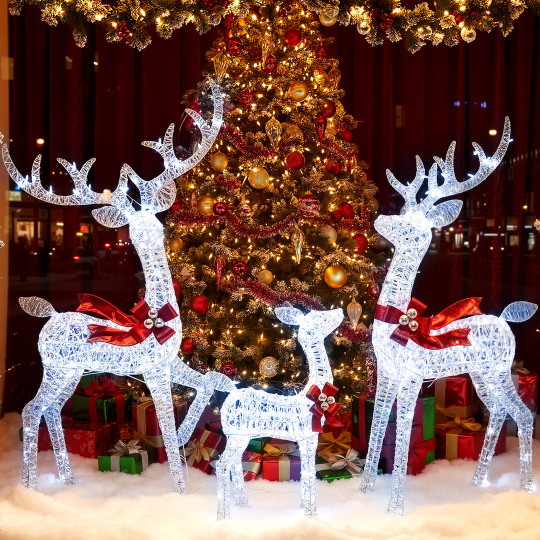3-Piece Christmas Lighted Iridescent Reindeer Family Set with 215 Cold White LED Lights and Ground Stakes