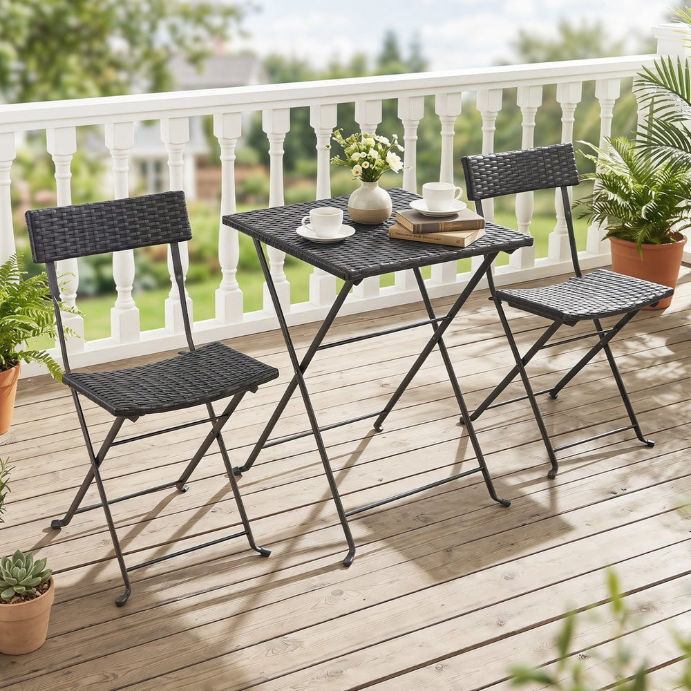 3-Piece Folding Bistro Set with PE Wicker and Metal Frame