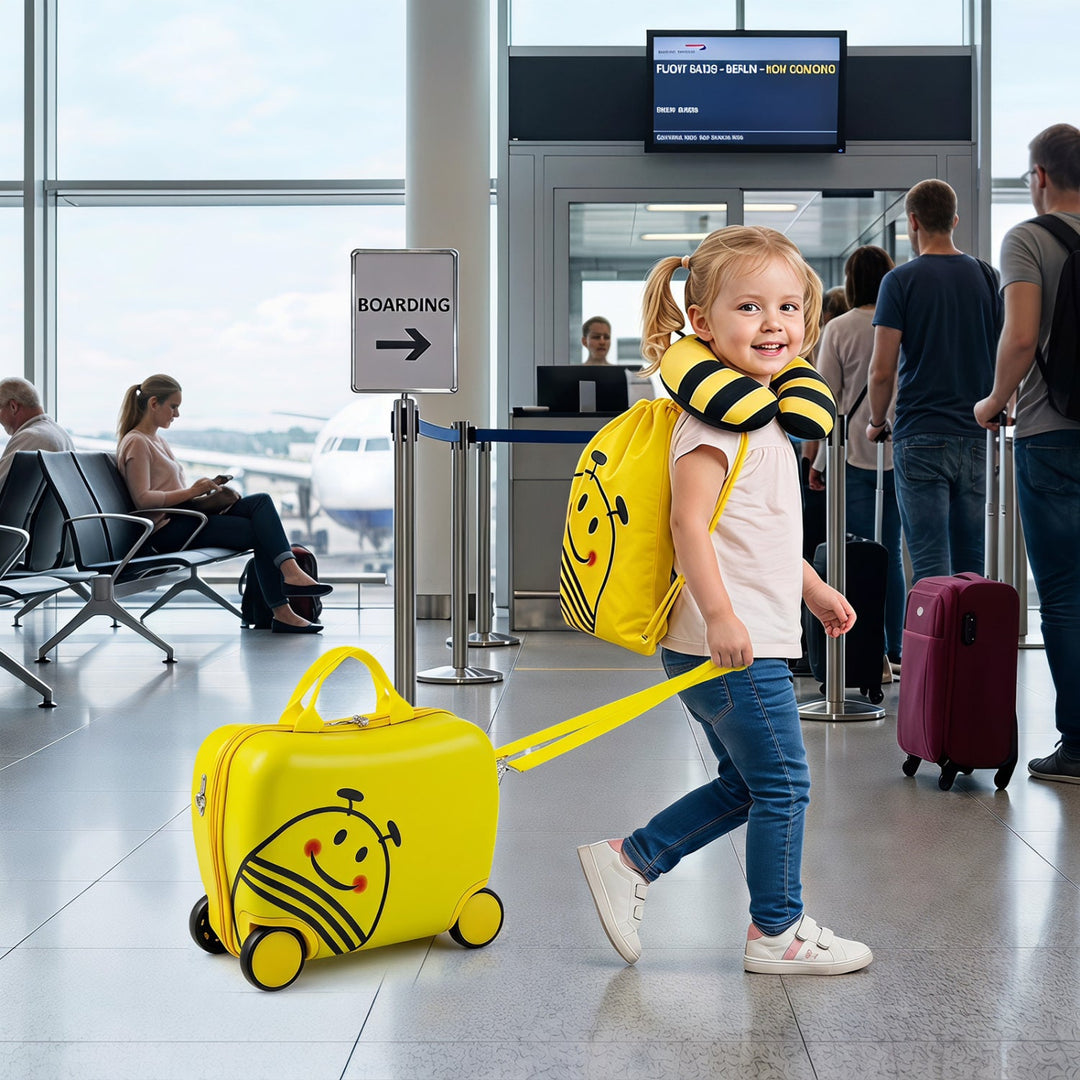Kids Ride-On Luggage Set with Backpack and Headrest - Yellow
