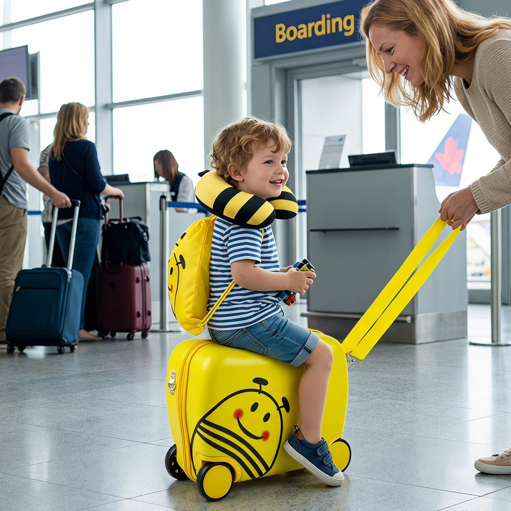 Kids Ride-On Luggage Set with Backpack and Headrest - Yellow