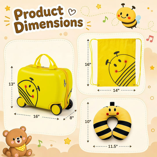 Kids Ride-On Luggage Set with Backpack and Headrest - Yellow