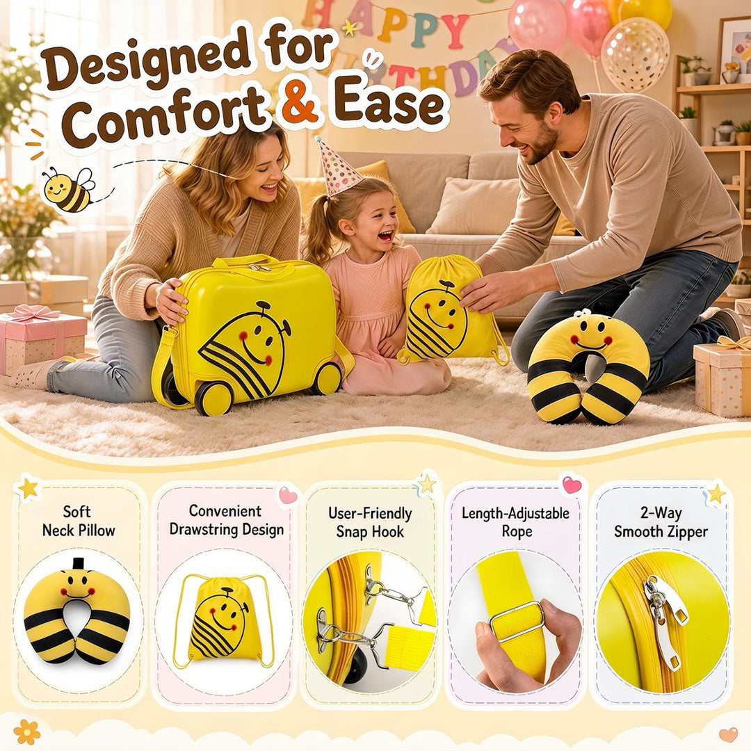 Kids Ride-On Luggage Set with Backpack and Headrest - Yellow