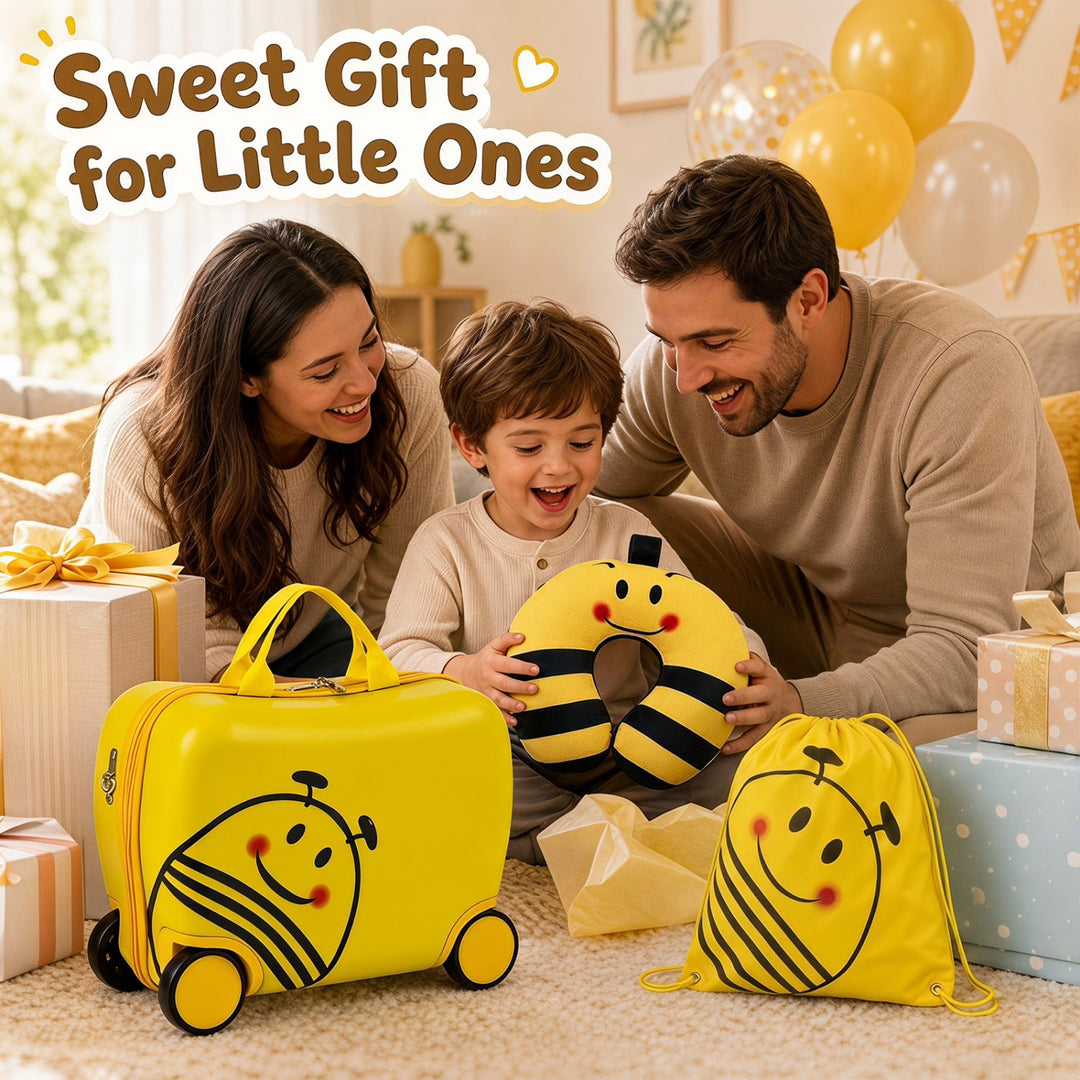 Kids Ride-On Luggage Set with Backpack and Headrest - Yellow