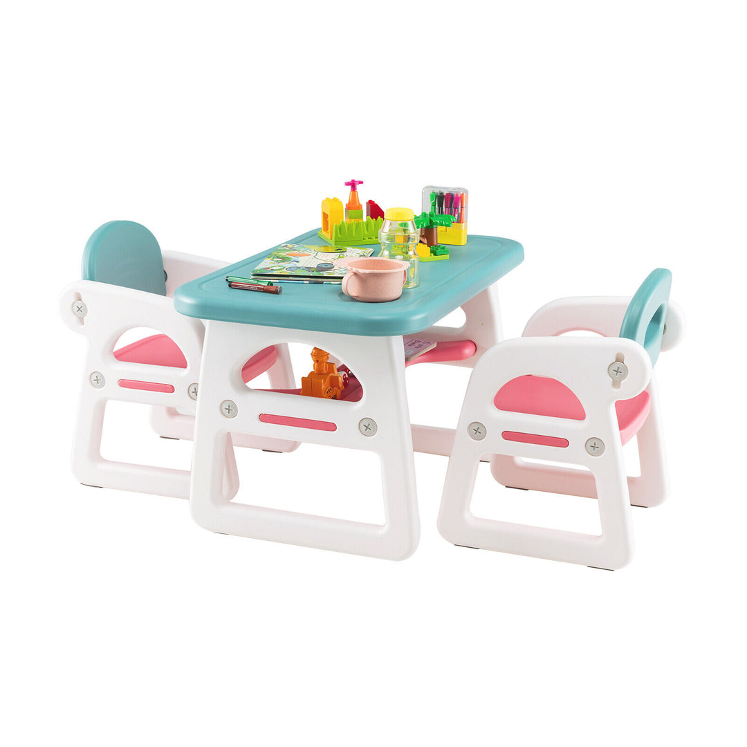Kids Table and Chair Set with Building Blocks-Pink & Blue