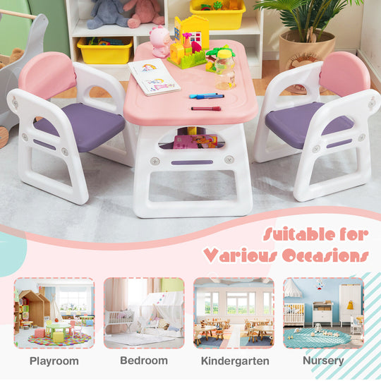 Kids Table and Chair Set with Building Blocks-Pink & Purple