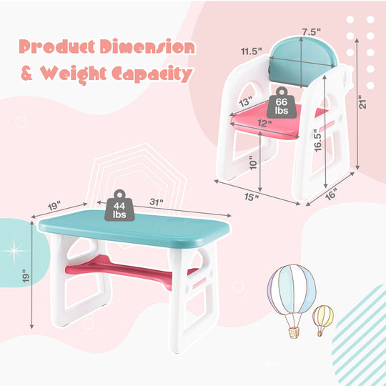 Kids Table and Chair Set with Building Blocks-Pink & Blue