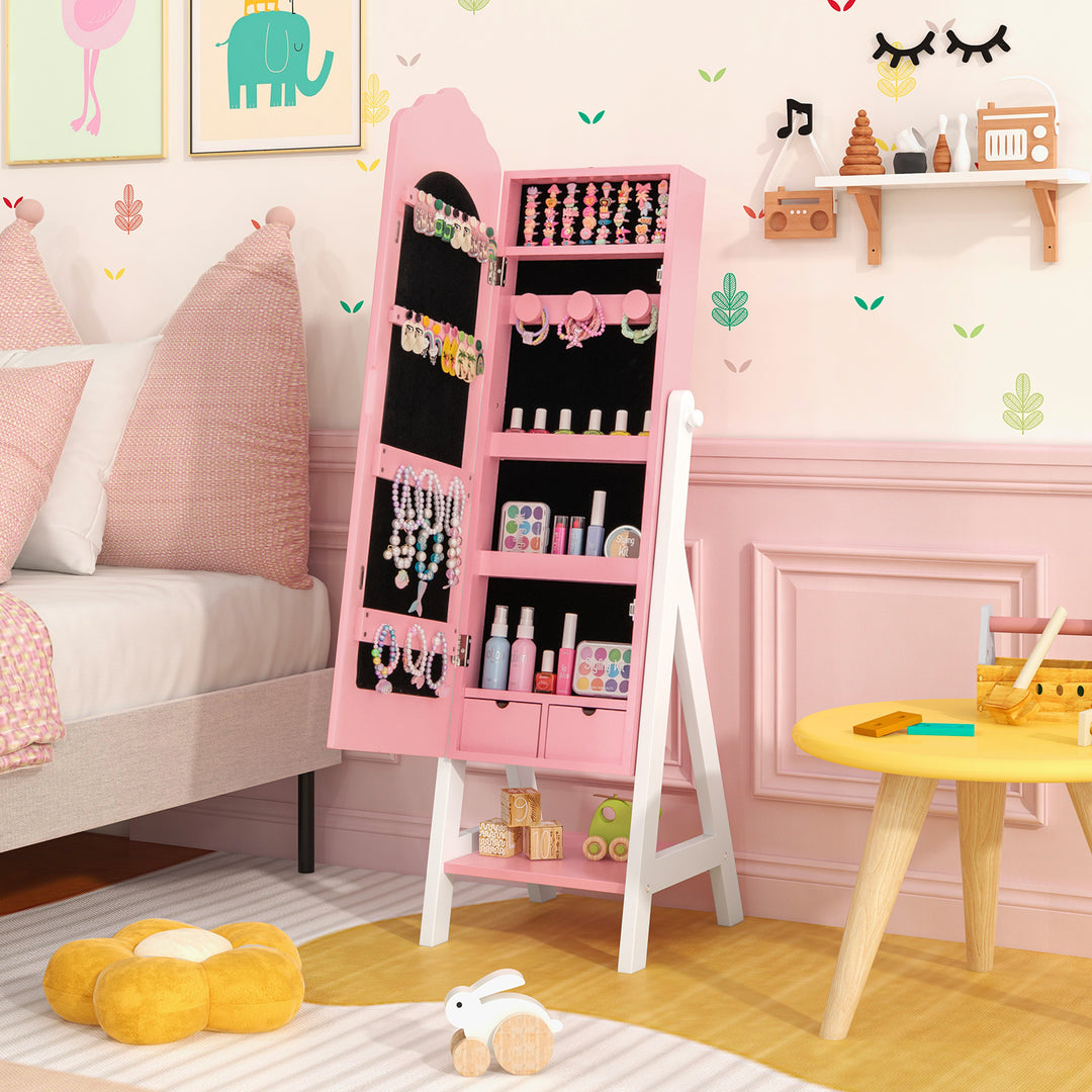2 Pieces Kids Vanity Set and Jewelry Armoire Cabinet with Full-length Mirror-Pink