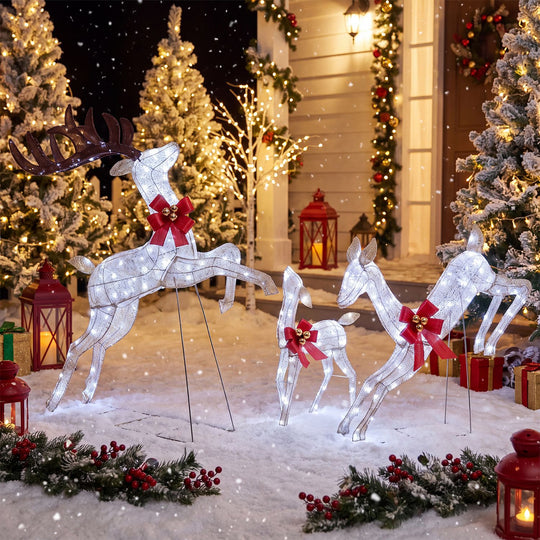 3-Piece Lighted Reindeer Family Set with Rotating Head and Cold White LED Lights-Golden