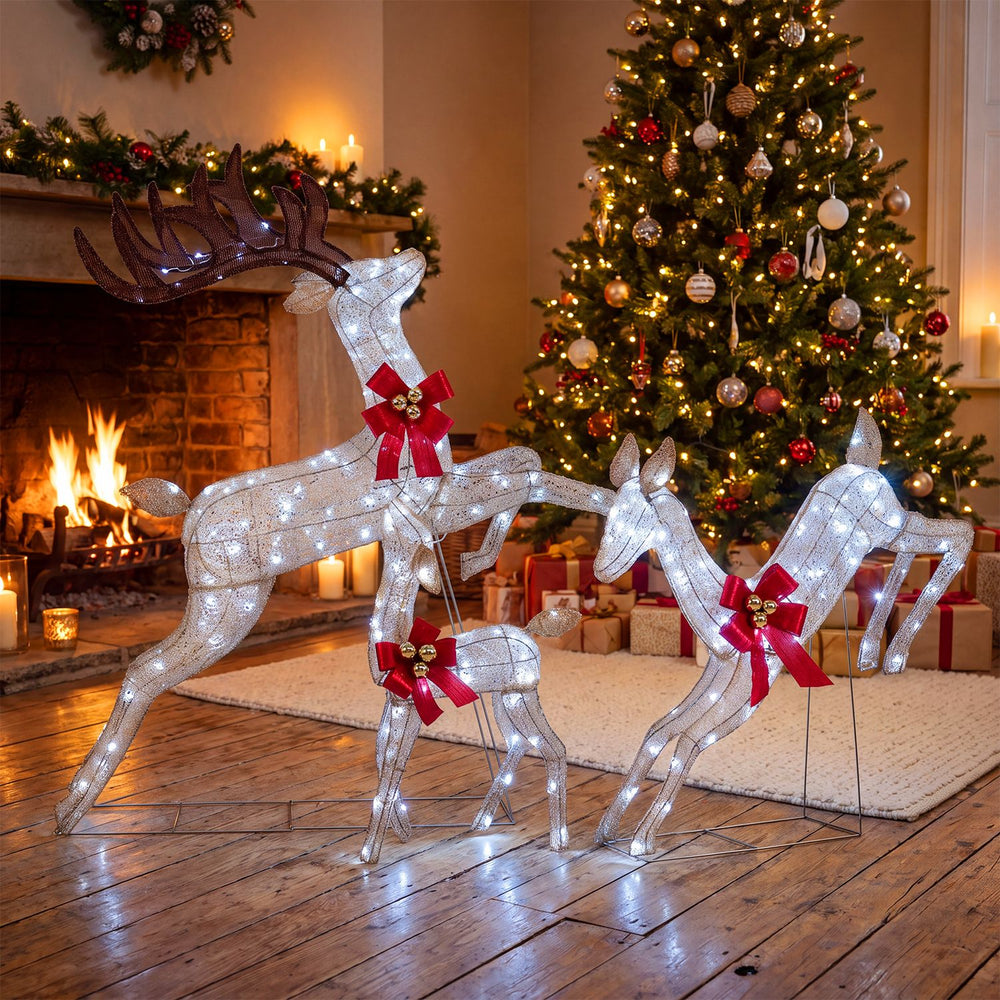 3-Piece Lighted Reindeer Family Set with Rotating Head and Cold White LED Lights-Golden