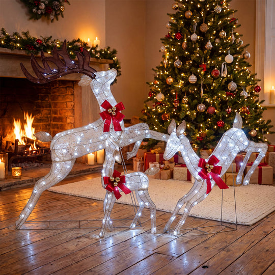 3-Piece Lighted Reindeer Family Set with Rotating Head and Cold White LED Lights-Golden