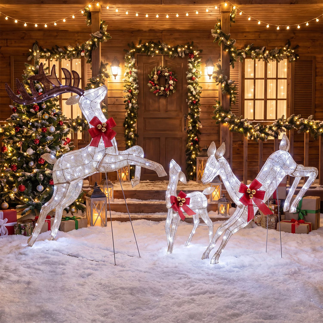 3-Piece Lighted Reindeer Family Set with Rotating Head and Cold White LED Lights-Golden