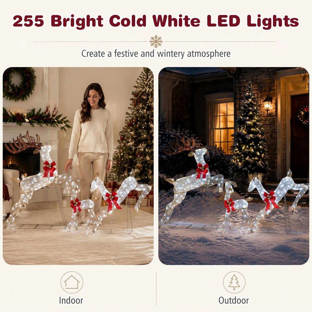 3-Piece Lighted Reindeer Family Set with Rotating Head and Cold White LED Lights-Golden