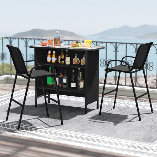 3 Piece Outdoor Bar Set with Footrest and 2-Tier Shelf