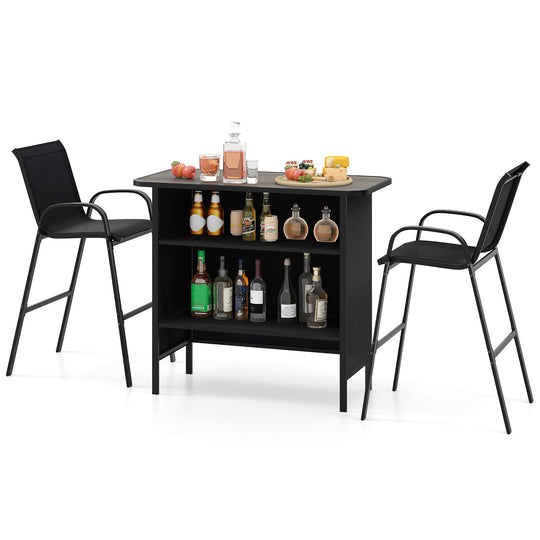 3 Piece Outdoor Bar Set with Footrest and 2-Tier Shelf