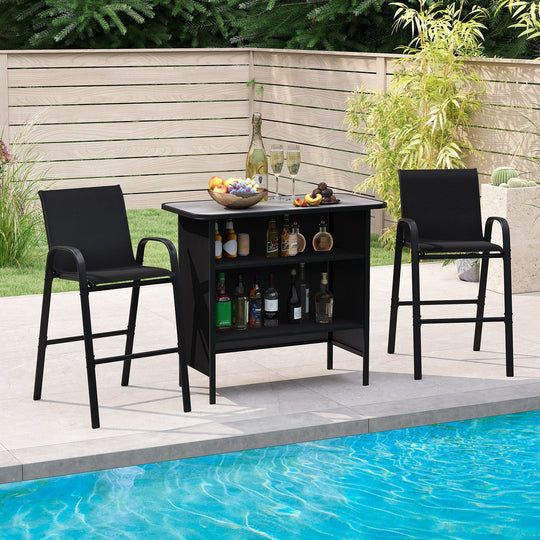 3 Piece Outdoor Bar Set with Footrest and 2-Tier Shelf