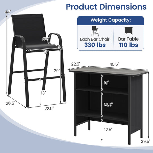 3 Piece Outdoor Bar Set with Footrest and 2-Tier Shelf