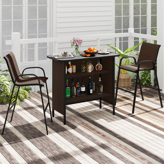 3 Piece Outdoor Bar Set with Footrest and 2-Tier Shelf