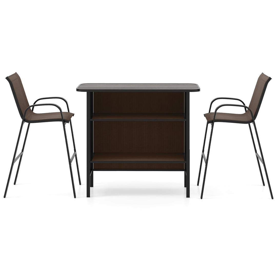 3 Piece Outdoor Bar Set with Footrest and 2-Tier Shelf