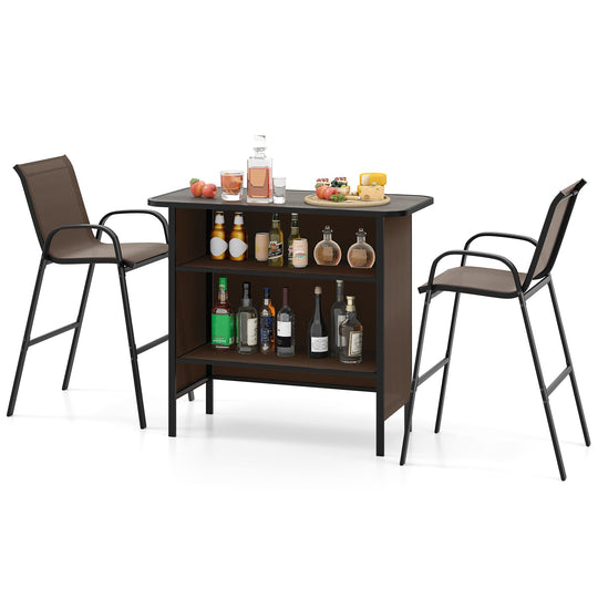 3 Piece Outdoor Bar Set with Footrest and 2-Tier Shelf