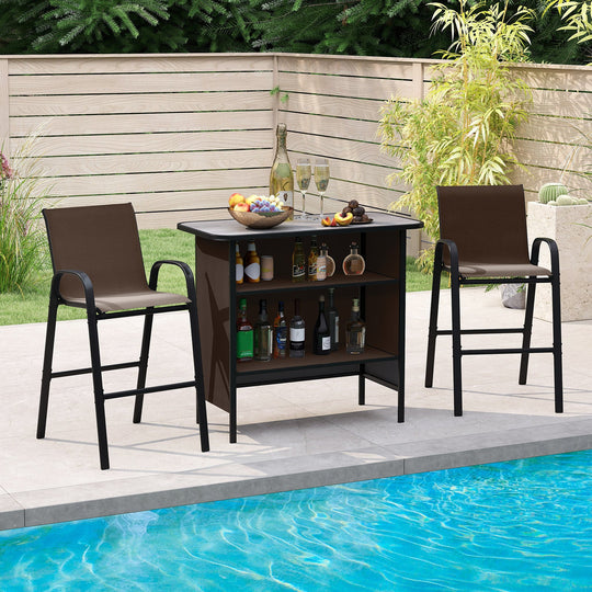 3 Piece Outdoor Bar Set with Footrest and 2-Tier Shelf