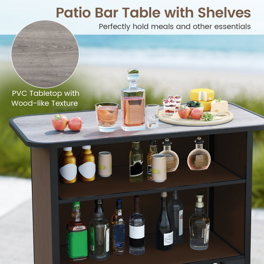 3 Piece Outdoor Bar Set with Footrest and 2-Tier Shelf