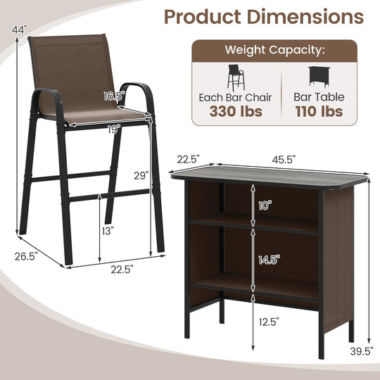 3 Piece Outdoor Bar Set with Footrest and 2-Tier Shelf