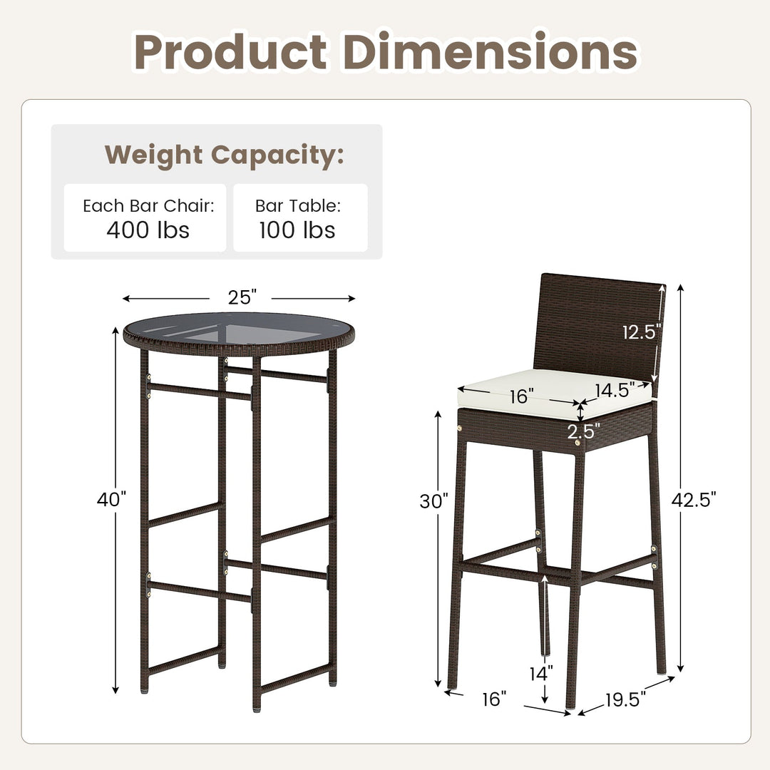 3 Piece Outdoor Bar Set Patio Heavy-Duty Metal Barstool and Table Set-White