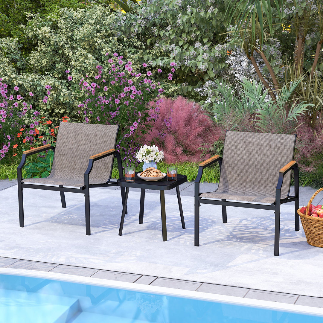 3 Piece Outdoor Chair Set with Breathable Fabric Seat and Armrests-Brown