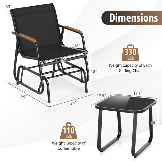 3-Piece Outdoor Glider Bistro Set with Tempered Glass Table