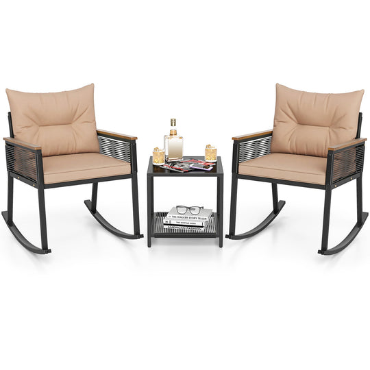 3-Piece Rocking Bistro Set with Coffee Table & Cushions