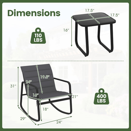 3 Piece Outdoor Rocking Bistro Set Porch Rocker Chairs with Tempered Glass Table-Gray