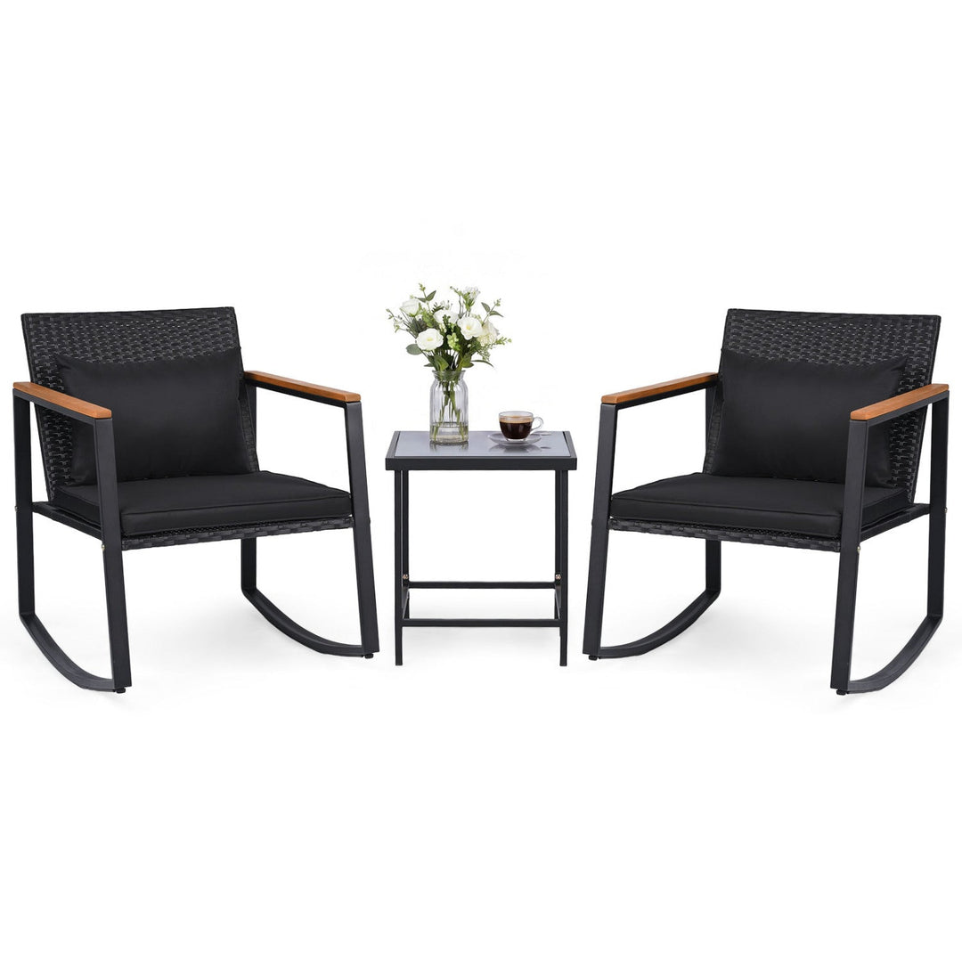 3-Piece Rocking Bistro Set with Cushions & Glass Table