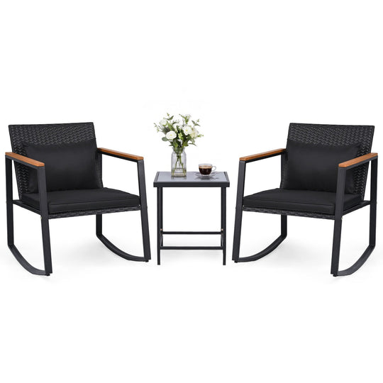 3-Piece Rocking Bistro Set with Cushions & Glass Table