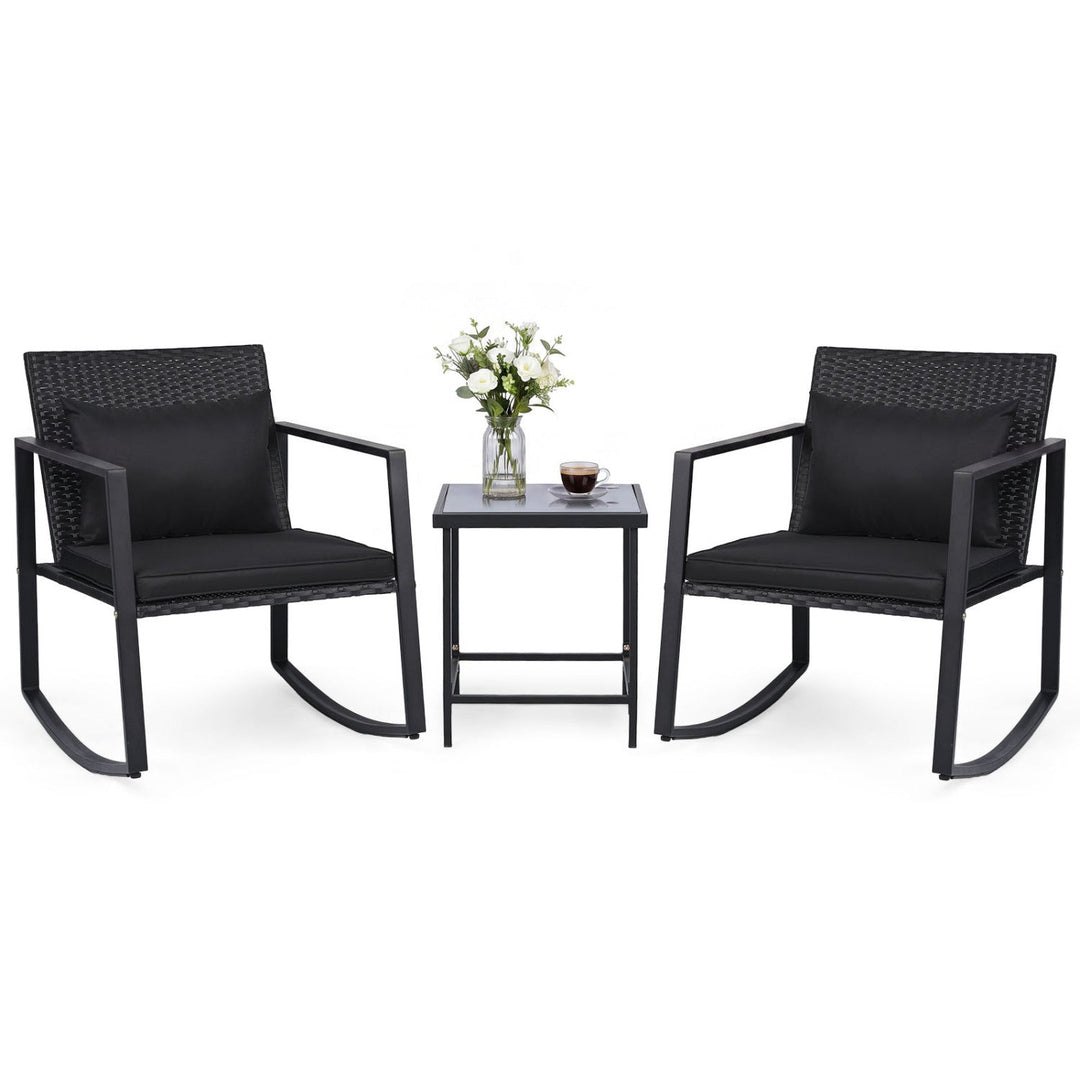 3-Piece Rocking Bistro Set with Cushions & Glass Table