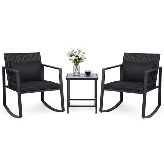 3-Piece Rocking Bistro Set with Cushions & Glass Table