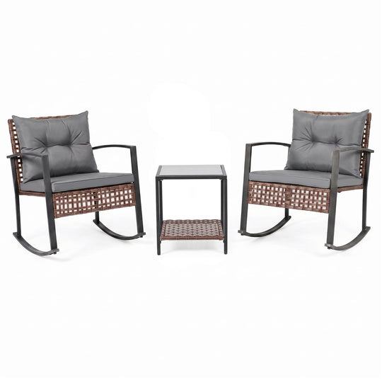 3-Piece Rocking Chair Patio Set with Glass Coffee Table