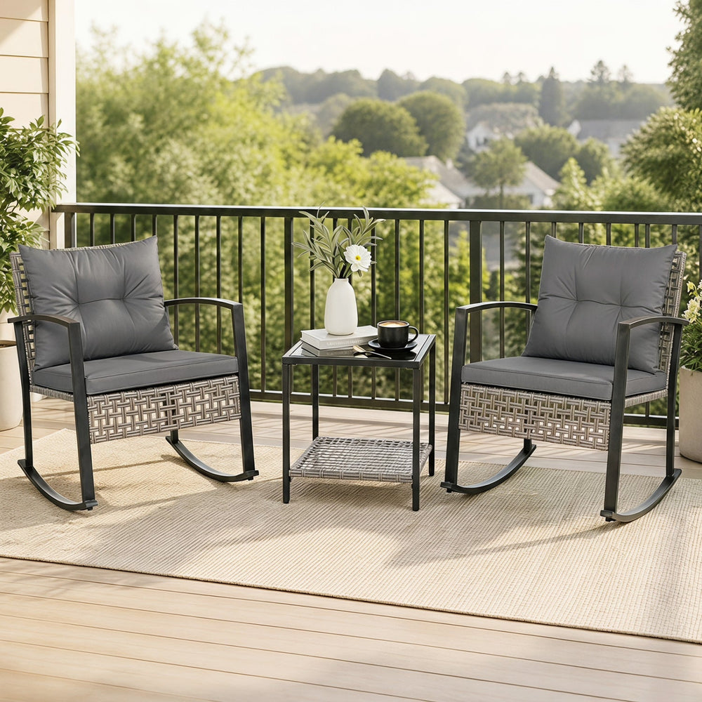 3-Piece Outdoor Rocking Chair Set with Coffee Table - Gray