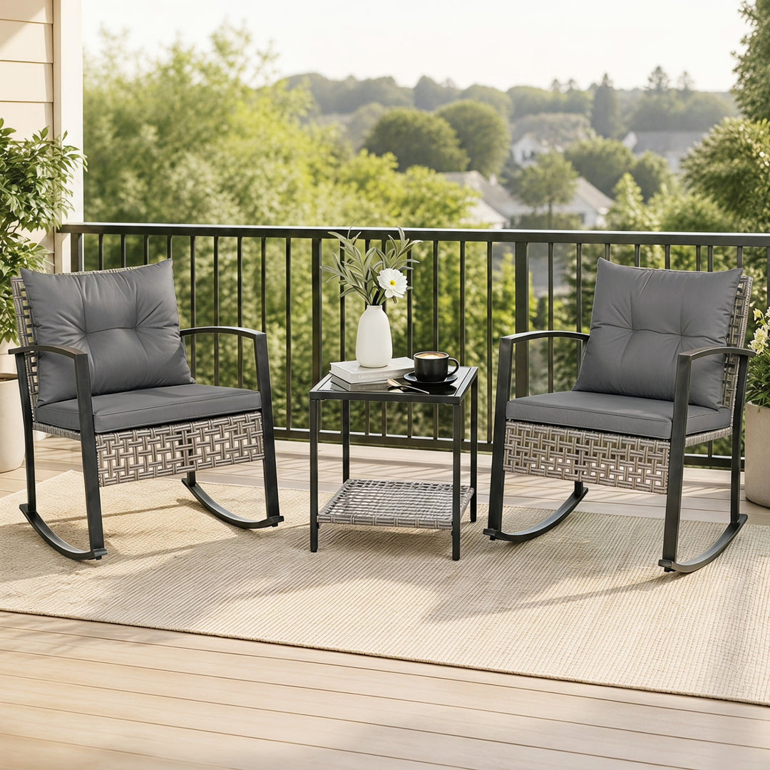 3-Piece Outdoor Rocking Chair Set with Coffee Table - Gray