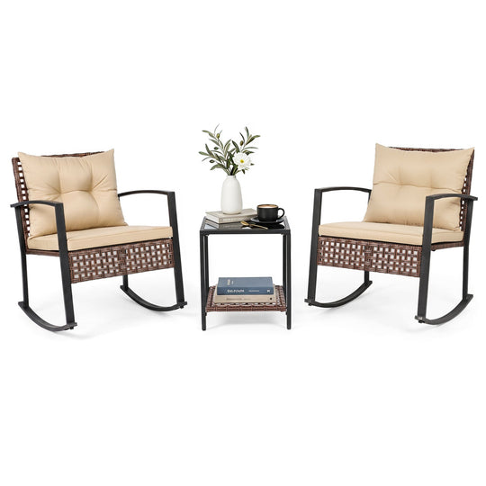 3-Piece Rocking Chair Patio Set with Glass Coffee Table