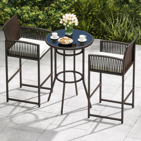 3 Piece Patio Bar Set Outdoor Wicker Bar Height Round Table and Armchairs-White