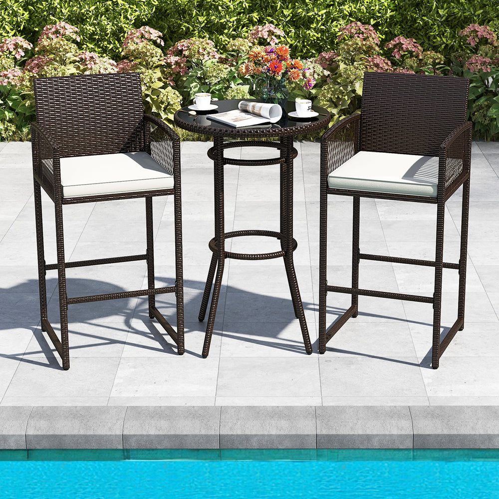 3 Piece Patio Bar Set Outdoor Wicker Bar Height Round Table and Armchairs-White