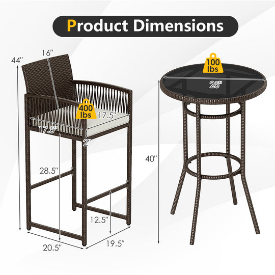 3 Piece Patio Bar Set Outdoor Wicker Bar Height Round Table and Armchairs-White