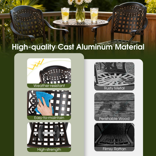 3 Piece Patio Bar Set Outdoor Cast Aluminum Round High Top Table 2 Counter Height Bar Stools