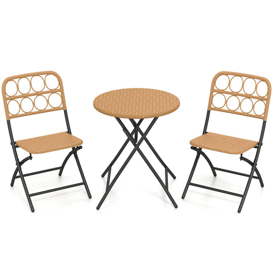 3 Piece Patio Bistro Set Folding Round Table and Chairs with Wicker Seat