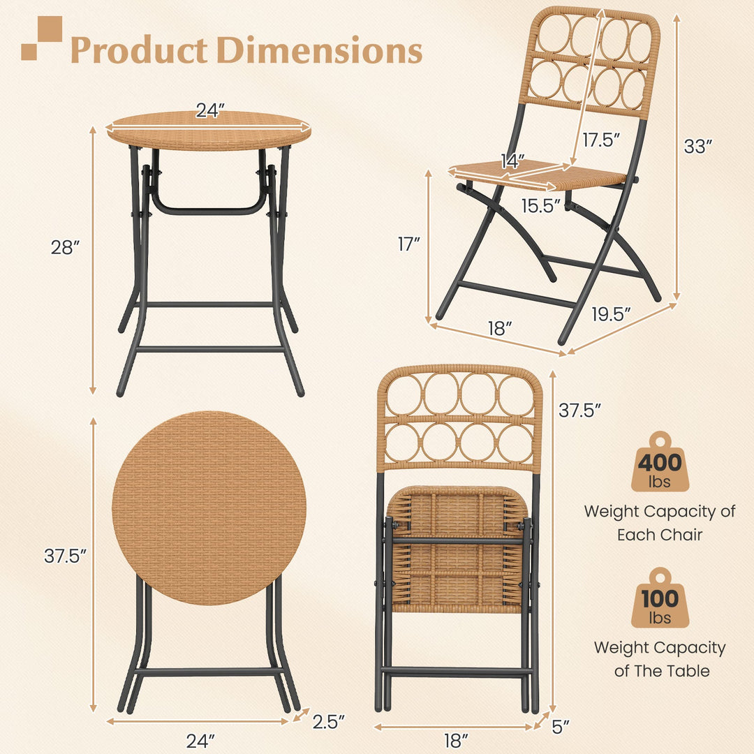 3 Piece Patio Bistro Set Folding Round Table and Chairs with Wicker Seat