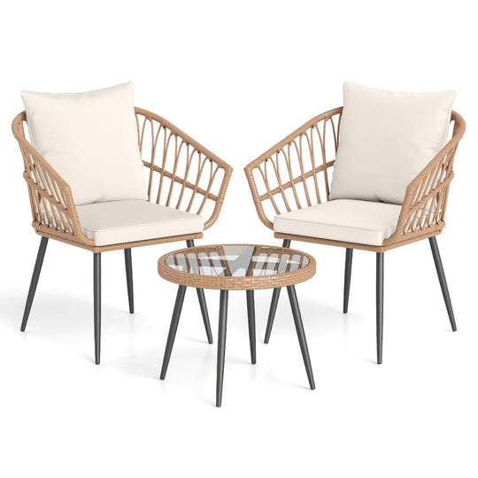 3 Piece Patio Bistro Set with PE Rattan Wicker Chairs and Tempered Glass Coffee Table
