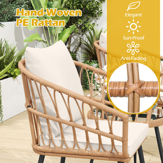 3 Piece Patio Bistro Set with PE Rattan Wicker Chairs and Tempered Glass Coffee Table