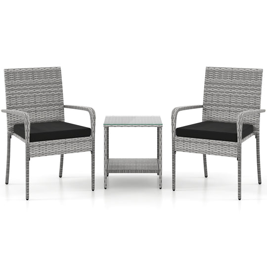 3 Piece Patio Furniture Set with Seat Cushions and Tempered Glass Tabletop for Balcony
